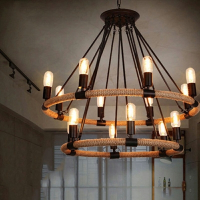 Roped Wagon Wheel Chandelier Industrial Sitting Room Ceiling Hang Light in Flaxen