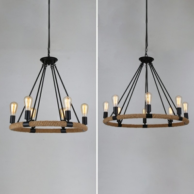 Roped Wagon Wheel Chandelier Industrial Sitting Room Ceiling Hang Light in Flaxen