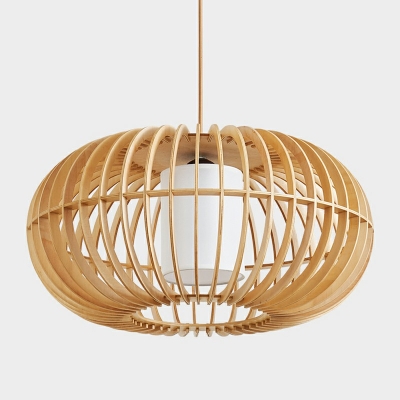 Single-Bulb Wood Lantern Pendant with Cylindrical Fabric Shade Dining Room Pendant Light