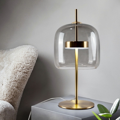 1 Bulb Smoke/Tan Glass Table Light Drum Shape LED Nightstand Lamp