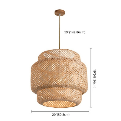 Black/Beige 1 Bulb Bamboo Hanging Light Hand-Worked Cylindrical Pendant Light for Dining Room