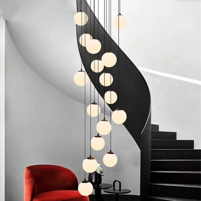Black Globe Cluster Pendant Stylish Modern with White Glass Shade Hanging Ceiling Light for Hotel Stairs
