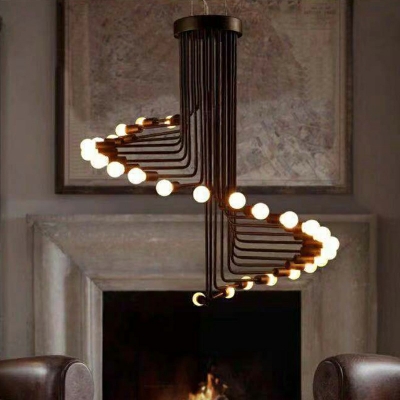 Black Spiral Chandelier Light Vintage Style Iron 20/26 Bulb Stair Hanging Lighting