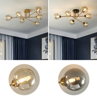 Contemporary Amber/Smoke Glass Lamshade Spherical Sitting Room Semi Flush Mount Lighting