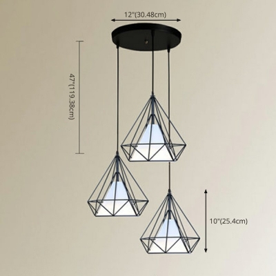 Diamond Form Black Pendant Industrial Dining Room Iron Cage 3 Heads Hanging Lamp