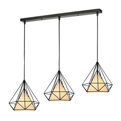 Diamond Form Pendant Industrial Living Room 39 Inchs Height Iron Cage 3 Bulbs Hanging Lamp