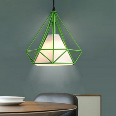 Diamond Form Pendant Industrial Living Room Iron Cage Single Light Hanging Lamp with White Fabric Shade