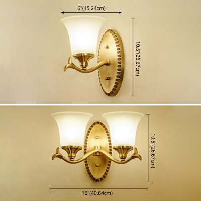 Flower Bedroom Hallway Wall Light Frosted Glass Vintage Style Sconce Lamp in Brass