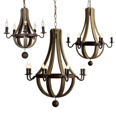 French Country Candle Style Drop Lamp Hanging Chandelier in Light Brown for Living Room