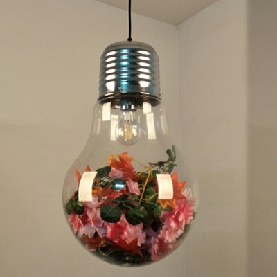 Industrial Style Hanging Light Clear Glass Bulb Shape LED Mini Pendant Light with Plant