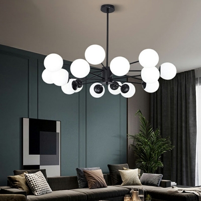 Minimalism Hanging Lamp White Globe Glass Shade Dining Room Chandelier in Black