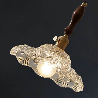 Single-Light Retro Floral Shade Suspension Lamp Carved Glass Pendant in Brass for Kitchen