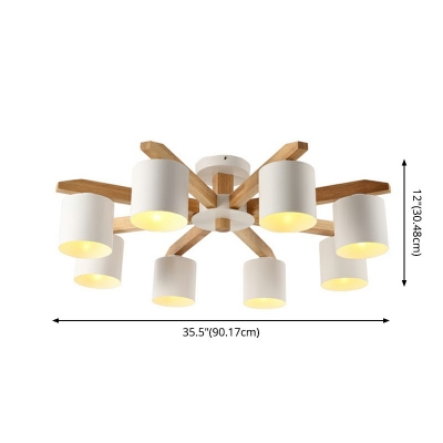 White Iron Cylindrical Shade Traditional Ceiling Light Wooden Ceiling Mount Semi Flush Light for Bedroom