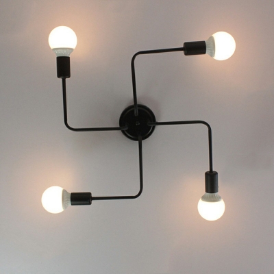 4 Light Metal Semi Flush Mount Light Industrial Black Spider Ceiling Lighting