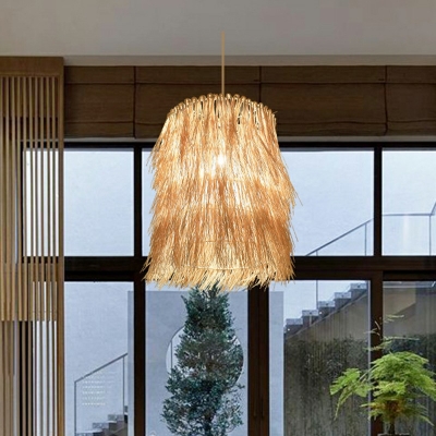 Bamboo Bell Hanging Light Chinese 1 Head Beige Ceiling Pendant with Tassel Fringe