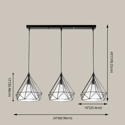 Diamond Form Black Pendant 3 Head Living Room Iron Cage Hanging Lamp with White Fabric Shade