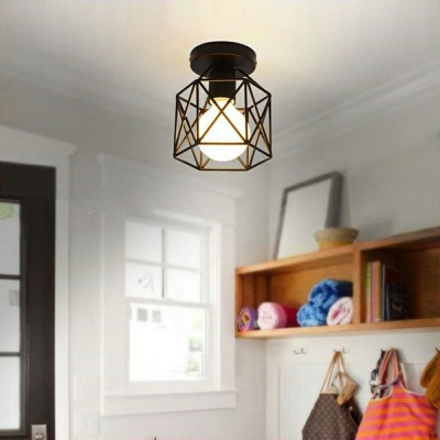 Farmhouse Hexagon Semi Flush Mount Light Iron 1 Head Indoor Ceiling Lamp with Wire Cage Shade