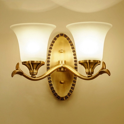 Flower Bedroom Hallway Wall Light Frosted Glass Vintage Style Sconce Lamp in Brass