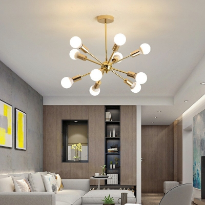 Golden Open Bulb Chandelier Light with Arm Post Modern Metallic Hanging Lamp for Dining Room