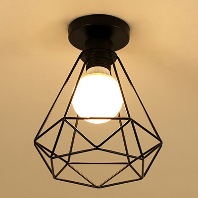Industrial Flush Mount Ceiling Light Geometric Metal Cage in Black