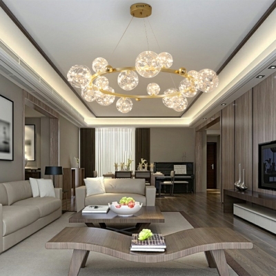 Modernist LED Light Strings Chandelier Transparent Glass Orb Metal Lighting Fixture for Living Room