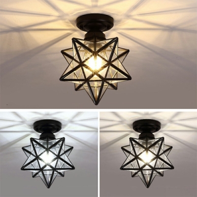 Star Shape Metal Semi-Flushmount Light Colonial Style Triangle Glass 1-Bulb 8 Inchs Wide Ceiling Light