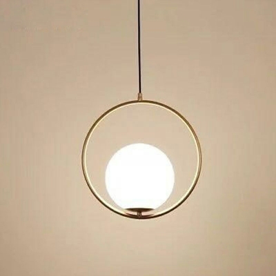 White Glass Ball Mini Hanging Lamp Post Modern 1 Head Pendant Lighting with Metal Ring