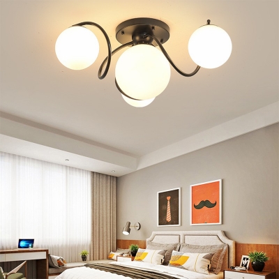 White Glass Globe Shade Flush Mount Light in Black Contemporary Metal Light Fixture for Bedroom Dining Room