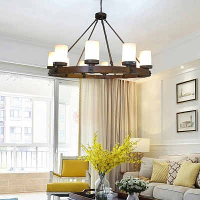 Cylinder Shade Chandelier Classic Wood and Glass Hanging Light in Wood for Restaurant