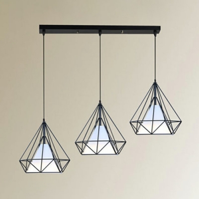 Diamond Form Black Pendant Industrial Dining Room Iron Cage 3 Heads Hanging Lamp