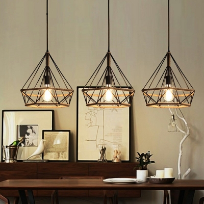 Diamond Form Black Pendant Industrial Living Room Iron Cage Single Light Hanging Lamp