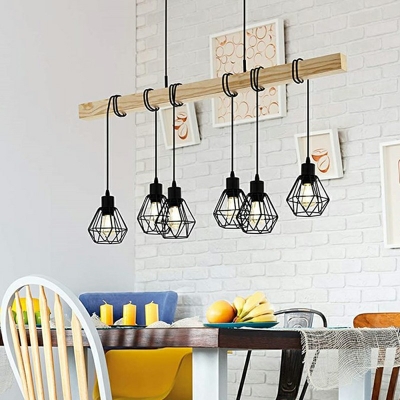 Industrial Black Iron Cage Shade Design Wooden Island Light Coffee Shop Hanging Lamp