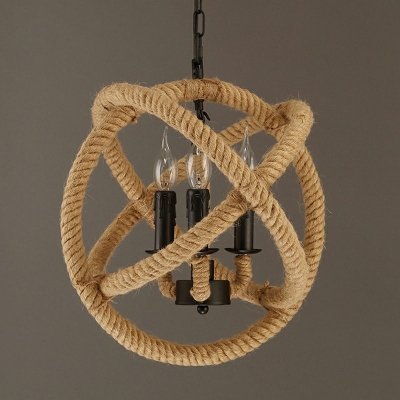 Industrial Black LED Orb Chandelier Rope Hanging Light with Globe Cage for Kitchen Restaurant Barn