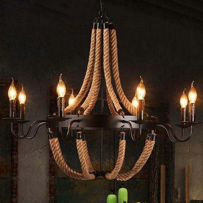 Large Rope LED Chandelier in Olde Iron Black Finish with 19.5 Inchs Height Adjustable Chain