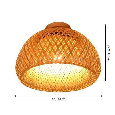 Single-Bulb Dome Shape Rustic Style Rattan Ceiling Light in Wood for Living Room Foyer