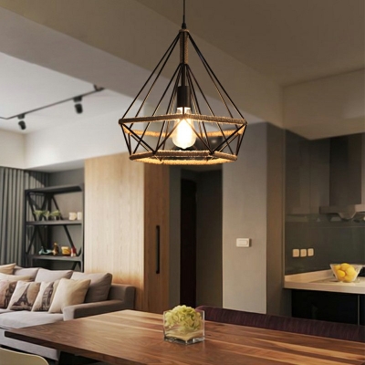 Diamond Form Black Pendant Industrial Living Room Iron Cage Single Light Hanging Lamp