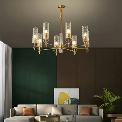 Gold Finish Branching Chandelier Post Modern Metal Hanging Light with Glass Cylindrical Lampshade for Sitting Room
