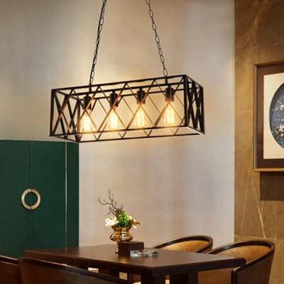 Industrial Style Black Metal Island Light Rectangle Wire Cage Shade Dining Table Ceiling Pendant Light