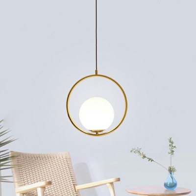 Modern Fashion Golden Ring Design Milky Glass Globe Hanging Light for Bedroom