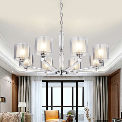 Radial Chrome Hanging Light Fixture Modern Style Metal Chandelier Lighting Clear Glass Cylindrical Shape with Height Adjustable Chain