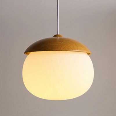 Simple Style White Ceiling Pendant One Light Glass Wooden Suspension Light for Study Room