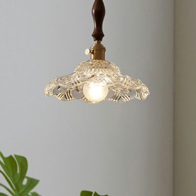Single-Light Retro Floral Shade Suspension Lamp Carved Glass Pendant in Brass for Kitchen