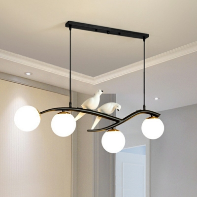 Sphere Kitchen Suspension Light Glass 4 Head Postmodern Island Lamp with Bird and Branch Decor