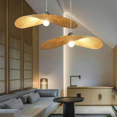 Wood Lotus Leaf Suspension Lighting Beige Simplicity Single Bamboo Pendant Light Fixture
