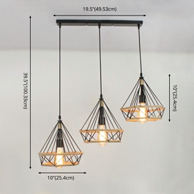 3-Light Metal Cage Shade Island Light Industrial Style Suspension Lamp for Coffee Shop Bar