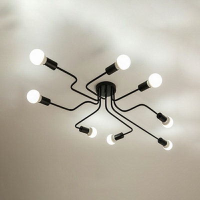 8 Light Metal Semi Flush Mount Light Industrial Black Sputnik Ceiling Lighting