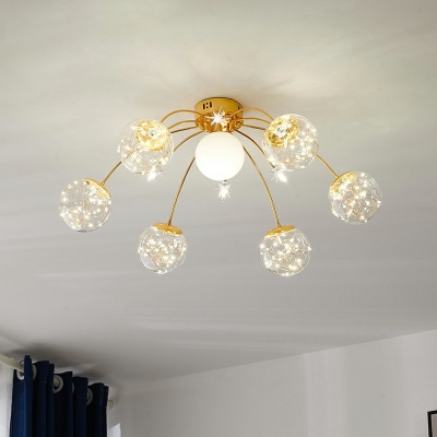 Arc Semi Flush Mount Chandelier Nordic Glass Warm Light Bedroom Ceiling Light in Gold