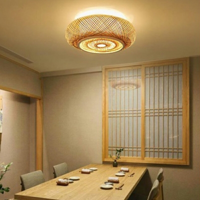 Asian Style Flush Mount Donut Ceiling Mounted Fixture with Bamboo Shade in White