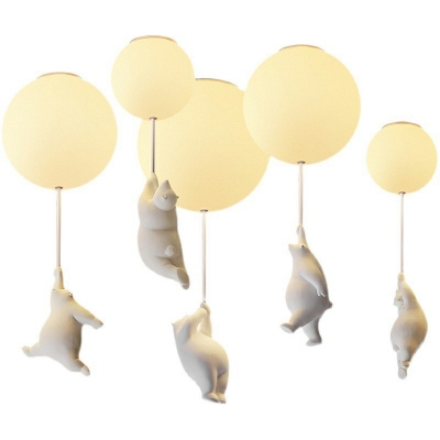 Cartoon 1-Head Ceiling Fixture White Bear and Balloon Flush Mount Light with Cream Glass Shade for Nursery