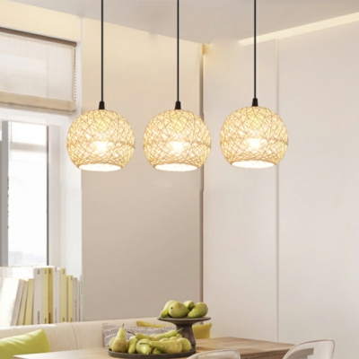 Curved Pendant Light Chinese Bamboo 1 Bulb Beige Globe Shade Ceiling Suspension Lamp for Dining Room